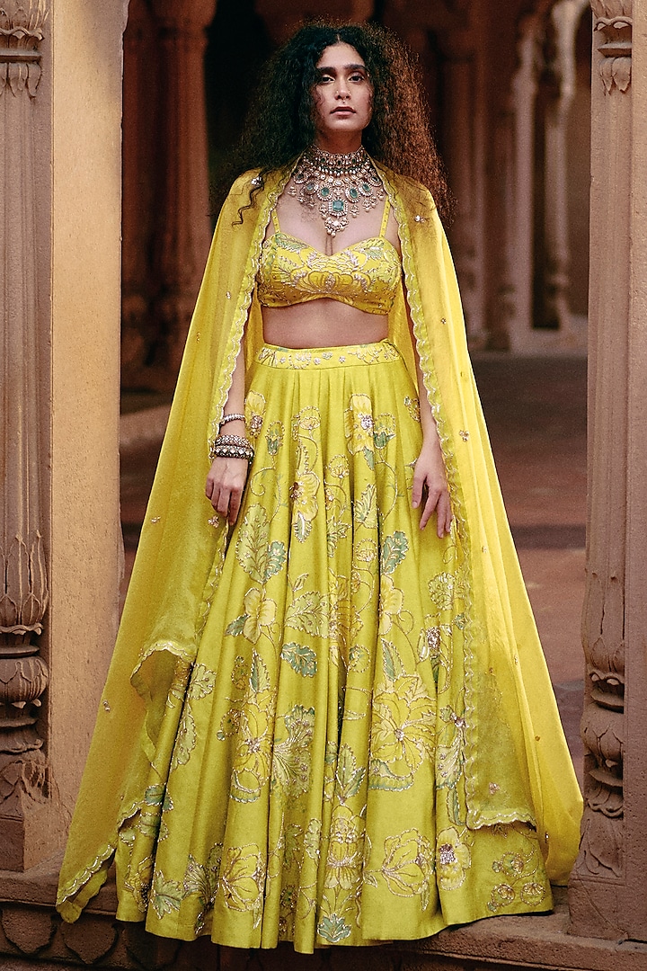 Lime Yellow Chiniya Silk Printed & Zardosi Hand Embroidered Wedding Lehenga Set by Paulmi & Harsh at Pernia's Pop Up Shop