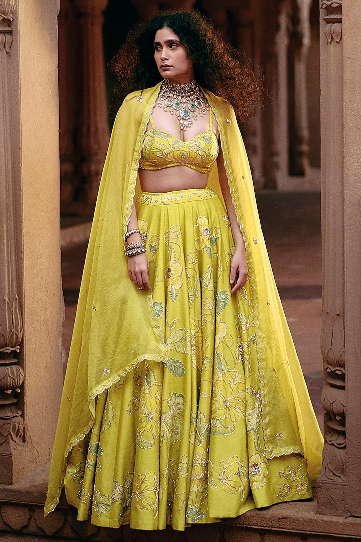 Lime Yellow Chiniya Silk Printed & Zardosi Hand Embroidered Wedding Lehenga Set by Paulmi & Harsh at Pernia's Pop Up Shop