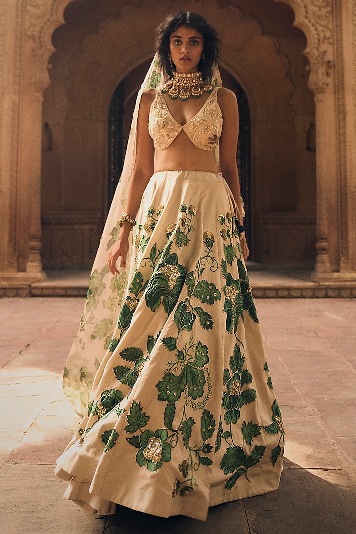 Ivory & Green Chiniya Silk Floral Printed & Zardosi Embroidered Lehenga Set by Paulmi & Harsh