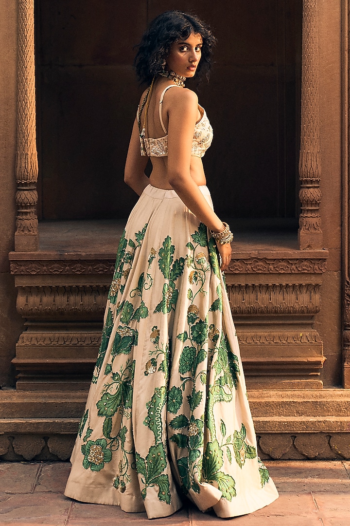 Ivory & Green Chiniya Silk Floral Printed & Zardosi Embroidered Wedding Lehenga Set by Paulmi & Harsh at Pernia's Pop Up Shop