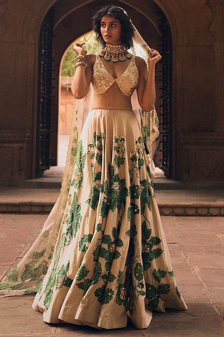Ivory & Green Chiniya Silk Floral Printed & Zardosi Embroidered Wedding Lehenga Set by Paulmi & Harsh at Pernia's Pop Up Shop