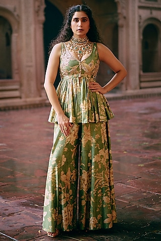 Green & Ivory Chiniya Silk Printed Palazzo Pant Set by Paulmi & Harsh
