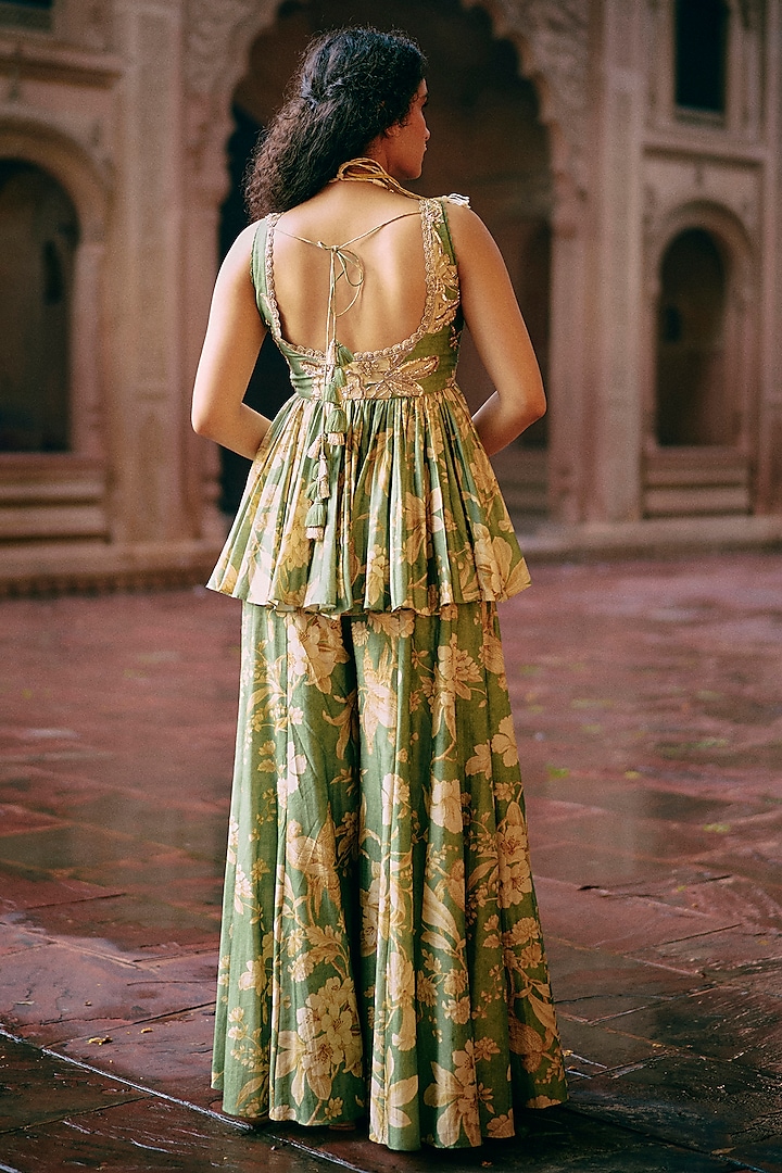 Green & Ivory Chiniya Silk Printed Palazzo Pant Set by Paulmi & Harsh at Pernia's Pop Up Shop
