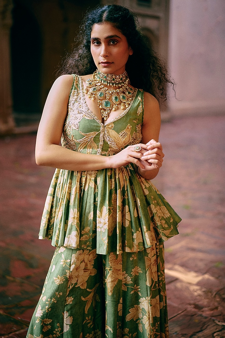 Green & Ivory Chiniya Silk Printed Palazzo Pant Set by Paulmi & Harsh at Pernia's Pop Up Shop