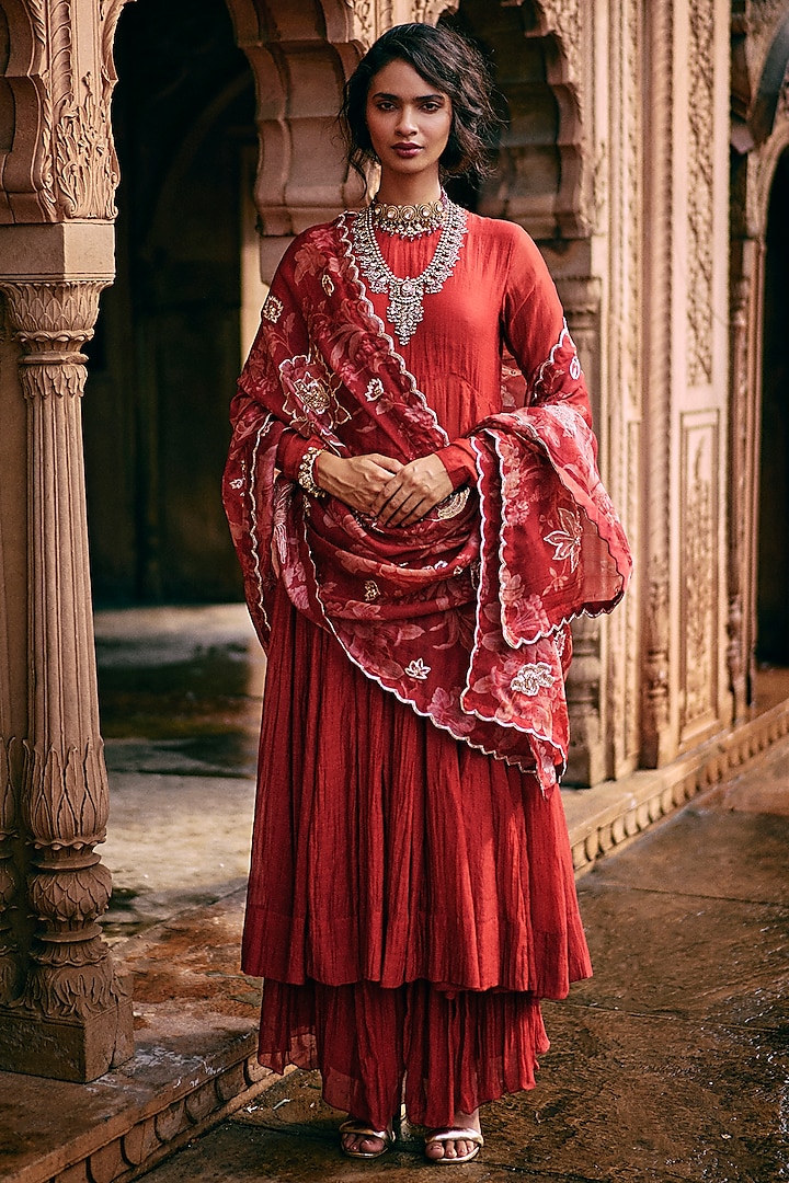 Crimson Red Malai Chanderi 40-Kali Anarkali Set by Paulmi & Harsh at Pernia's Pop Up Shop