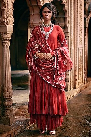 Crimson Red Malai Chanderi 40-Kali Anarkali Set by Paulmi & Harsh