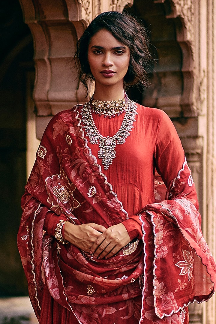 Crimson Red Malai Chanderi 40-Kali Wedding Anarkali Set by Paulmi & Harsh at Pernia's Pop Up Shop