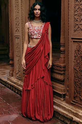 Crimson Red Banglori Chiffon Ruffled Saree Set by Paulmi & Harsh