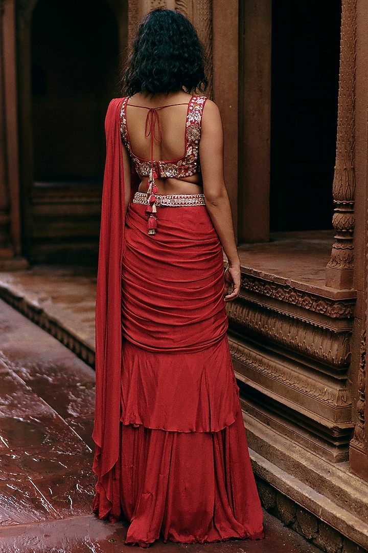 Crimson Red Banglori Chiffon Ruffled Wedding Saree Set by Paulmi & Harsh at Pernia's Pop Up Shop