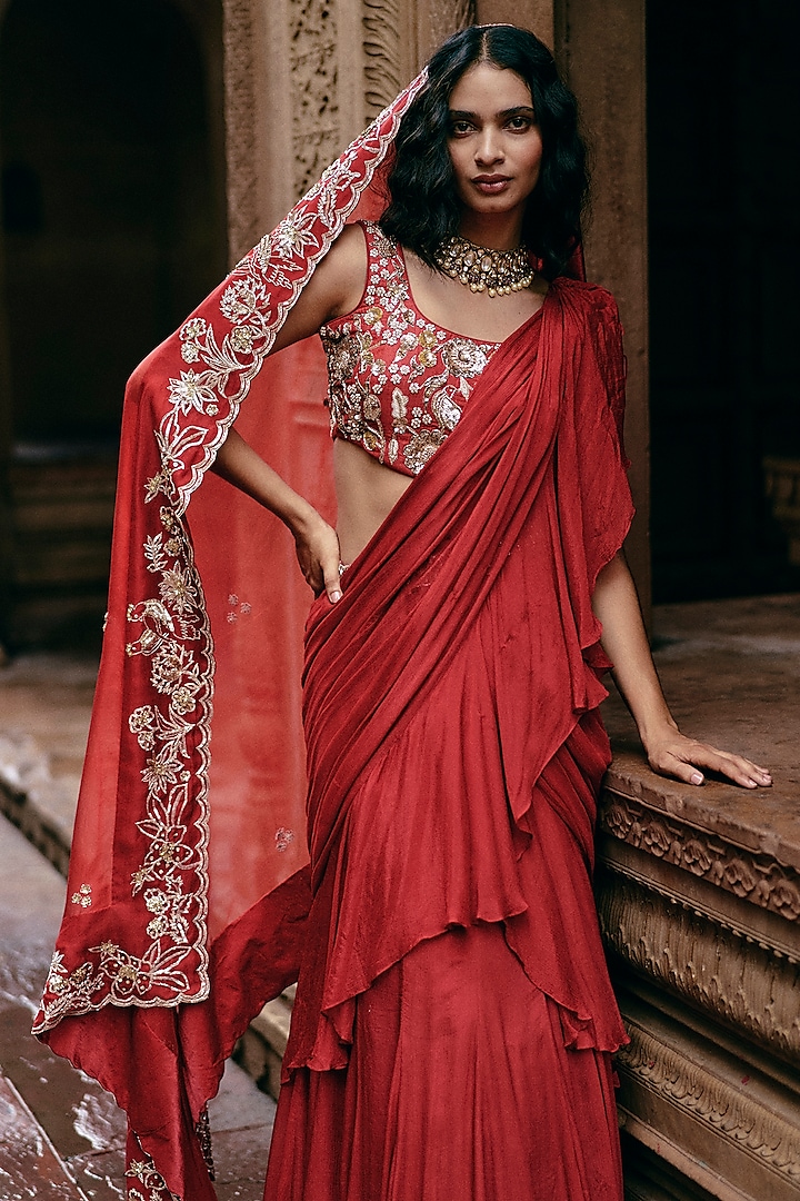 Crimson Red Banglori Chiffon Ruffled Wedding Saree Set by Paulmi & Harsh at Pernia's Pop Up Shop
