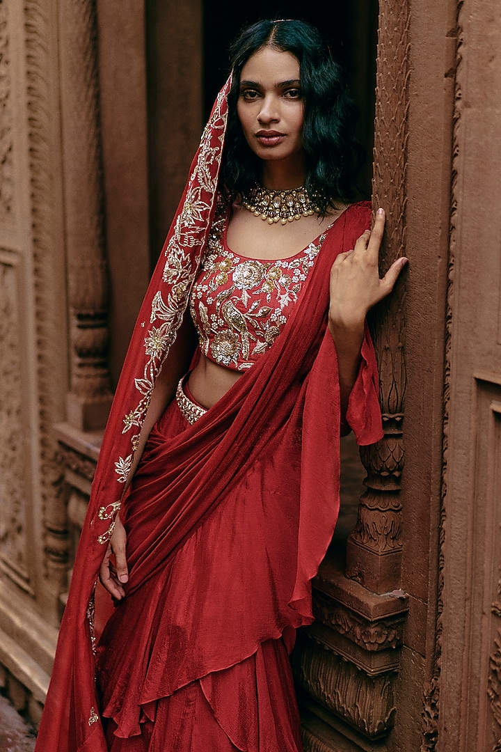 Crimson Red Banglori Chiffon Ruffled Wedding Saree Set by Paulmi & Harsh at Pernia's Pop Up Shop