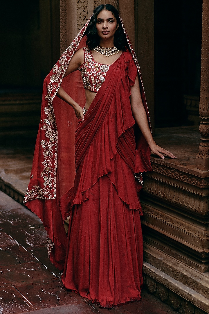 Crimson Red Banglori Chiffon Ruffled Wedding Saree Set by Paulmi & Harsh at Pernia's Pop Up Shop
