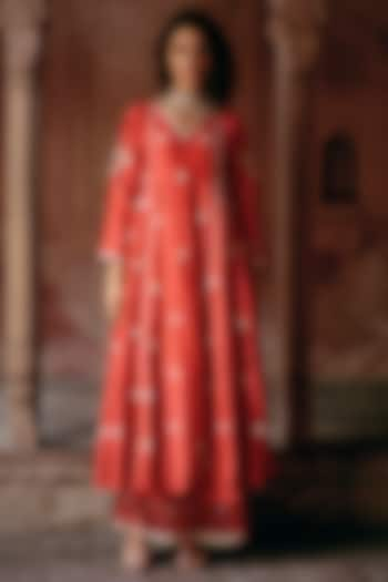 Red Modal Silk Hand Embroidered Anarkali Set by Paulmi & Harsh at Pernia's Pop Up Shop