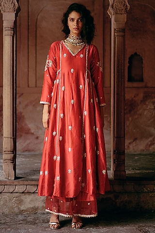 Red Modal Silk Hand Embroidered Anarkali Set by Paulmi & Harsh