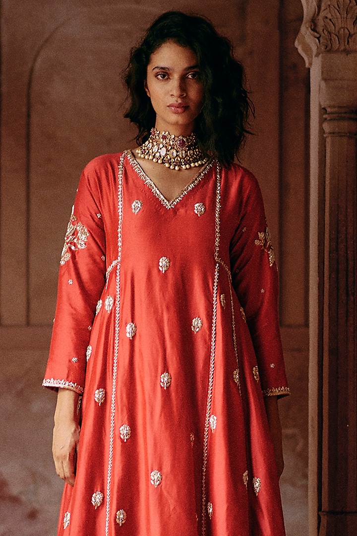 Red Modal Silk Hand Embroidered Wedding Anarkali Set by Paulmi & Harsh at Pernia's Pop Up Shop