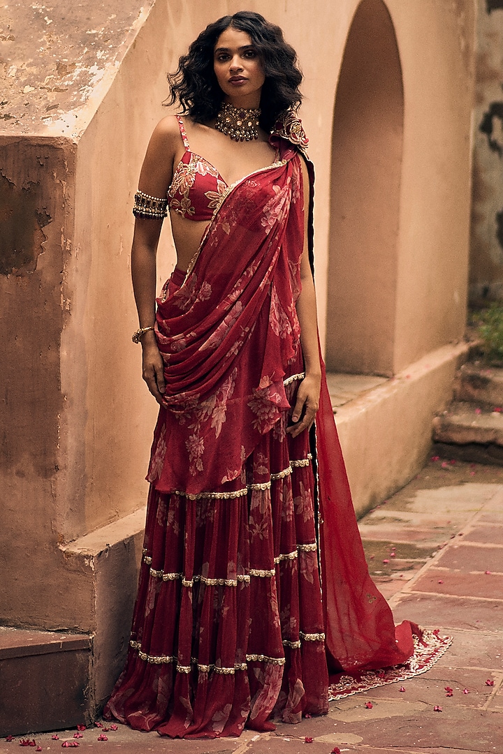 Deep Red Banglori Chiffon Floral Printed Pre-Draped Saree Set by Paulmi & Harsh at Pernia's Pop Up Shop