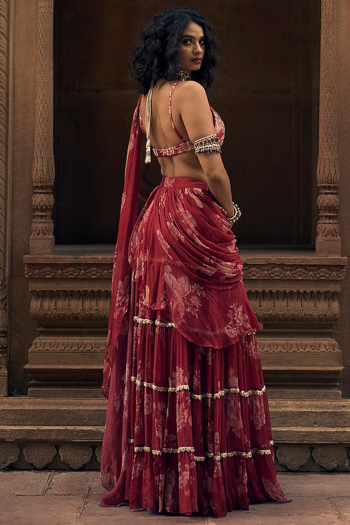 Deep Red Banglori Chiffon Floral Printed Pre-Draped Wedding Saree Set by Paulmi & Harsh at Pernia's Pop Up Shop