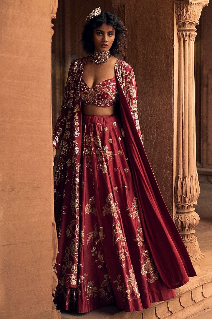 Deep Red Chiniya Silk Hand Embroidered Jacket Wedding Lehenga Set by Paulmi & Harsh at Pernia's Pop Up Shop