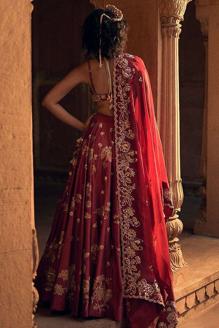 Deep Red Chiniya Silk Hand Embroidered Wedding Lehenga Set by Paulmi & Harsh at Pernia's Pop Up Shop