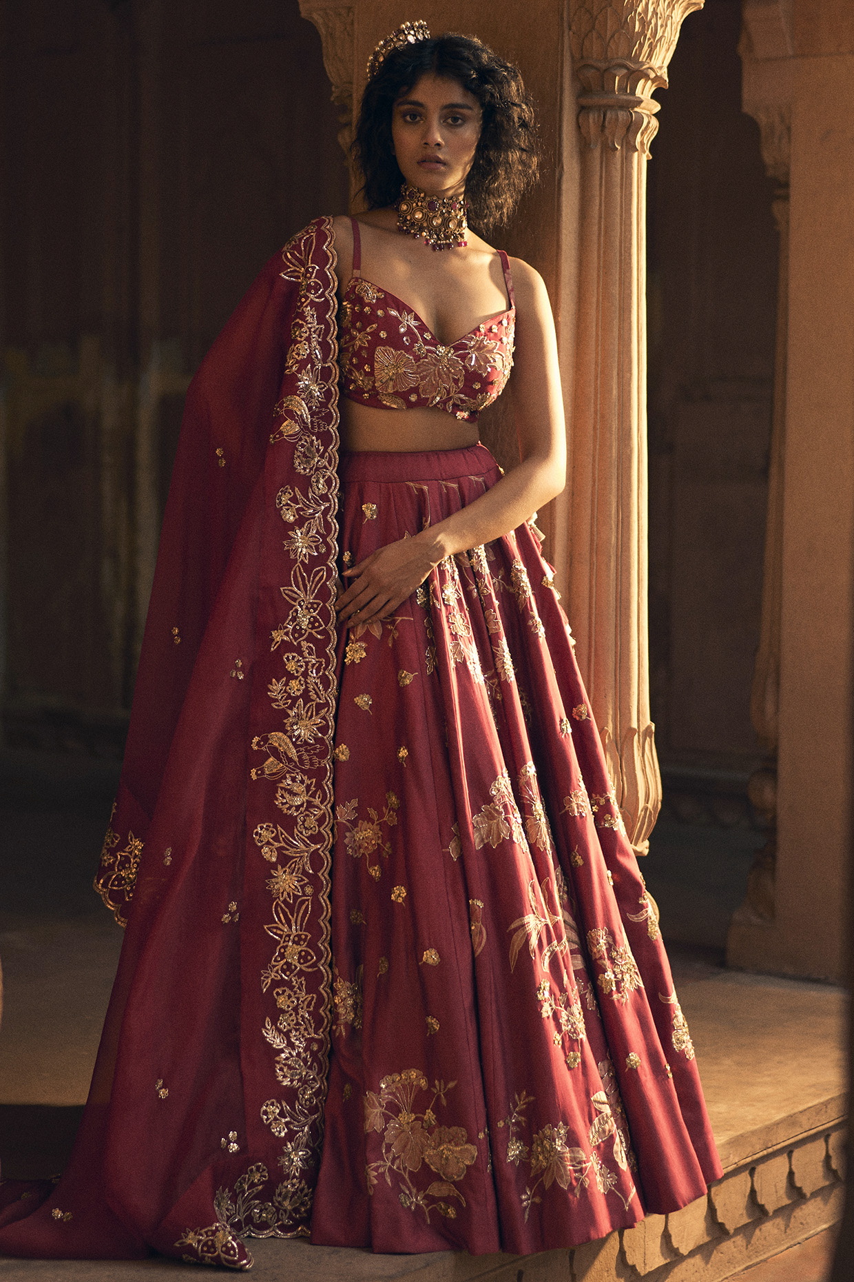 Deep Red Chiniya Silk Hand Embroidered Wedding Lehenga Set by Paulmi & Harsh at Pernia's Pop Up Shop
