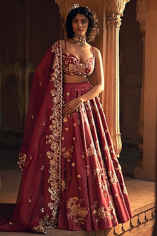 Deep Red Chiniya Silk Hand Embroidered Lehenga Set by Paulmi & Harsh