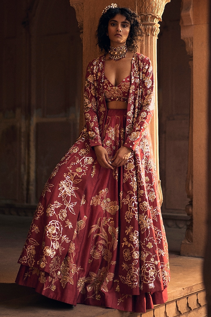 Deep Red Chiniya Silk Hand Embroidered Wedding Lehenga Set by Paulmi & Harsh at Pernia's Pop Up Shop
