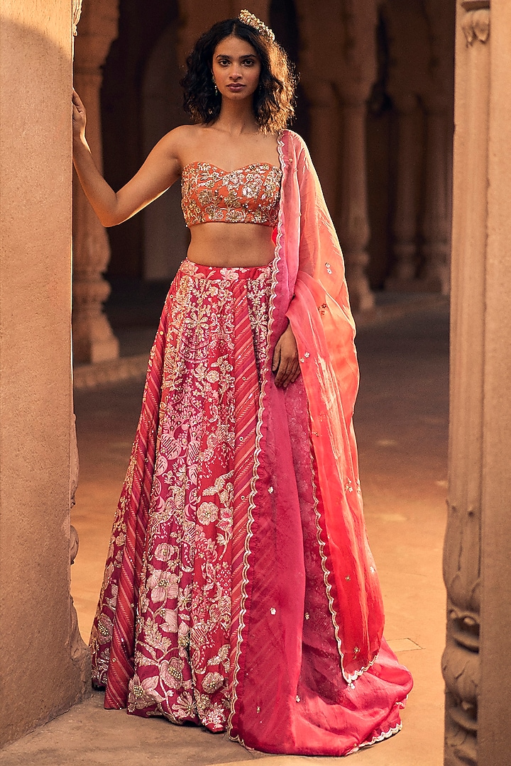 Pink Chiniya Silk Leheriya Floral Printed Wedding Lehenga Set by Paulmi & Harsh at Pernia's Pop Up Shop