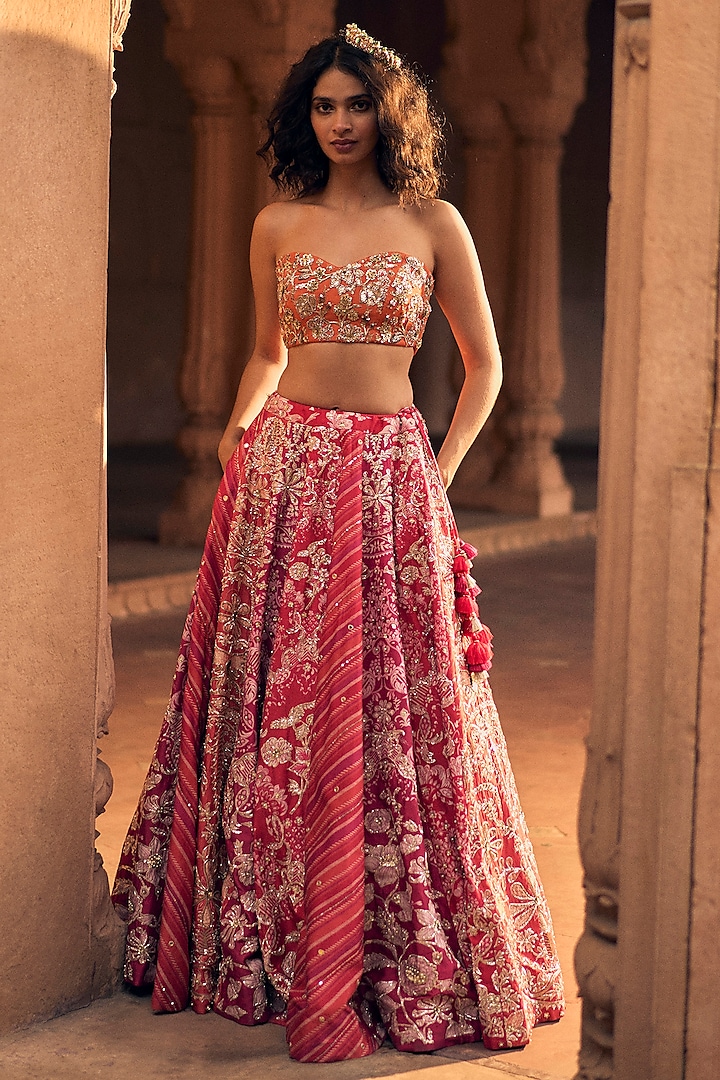 Pink Chiniya Silk Leheriya Floral Printed Wedding Lehenga Set by Paulmi & Harsh at Pernia's Pop Up Shop
