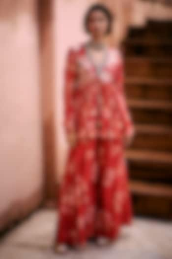 Crimson Red Chiniya Silk Printed Palazzo Pant Set by Paulmi & Harsh at Pernia's Pop Up Shop