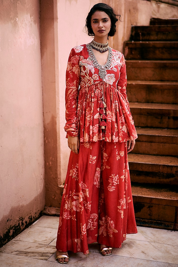 Crimson Red Chiniya Silk Printed Palazzo Pant Set by Paulmi & Harsh at Pernia's Pop Up Shop