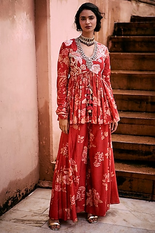 Crimson Red Chiniya Silk Printed Palazzo Pant Set by Paulmi & Harsh