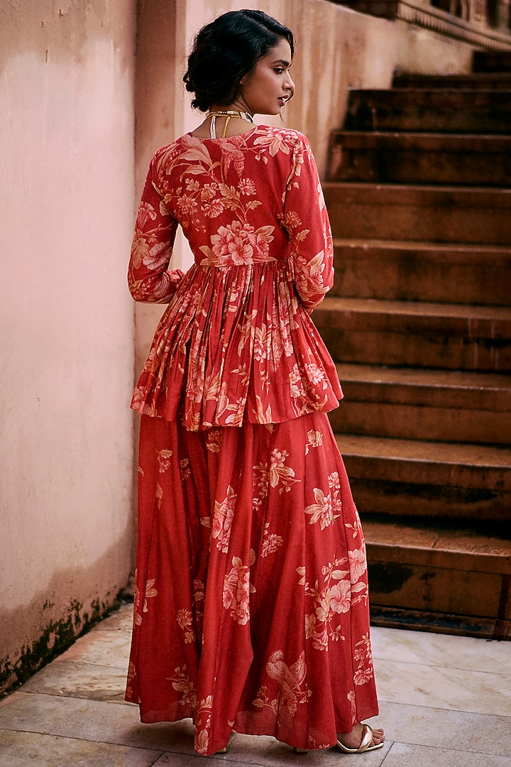 Crimson Red Chiniya Silk Printed Palazzo Pant Set by Paulmi & Harsh at Pernia's Pop Up Shop