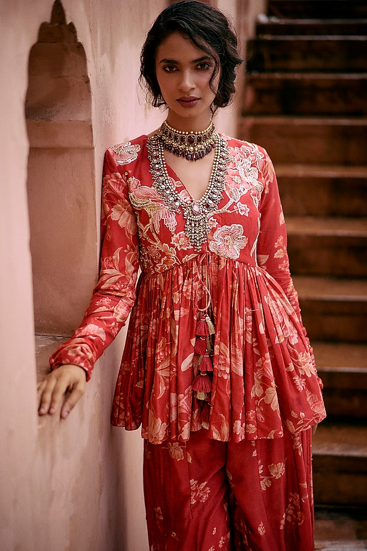 Crimson Red Chiniya Silk Printed Palazzo Pant Set by Paulmi & Harsh at Pernia's Pop Up Shop