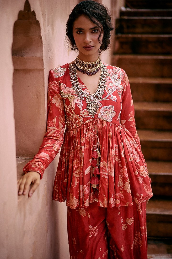 Crimson Red Chiniya Silk Printed Palazzo Pant Set by Paulmi & Harsh at Pernia's Pop Up Shop