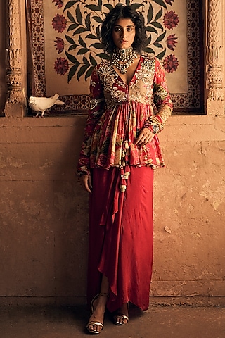 Red Pure Crepe Skirt Set by Paulmi & Harsh