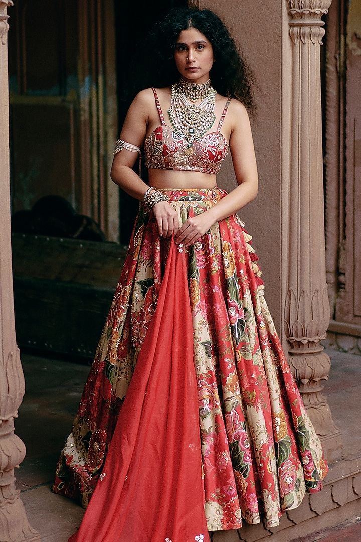 Red Chiniya Silk Printed & Embroidered Wedding Lehenga Set by Paulmi & Harsh at Pernia's Pop Up Shop