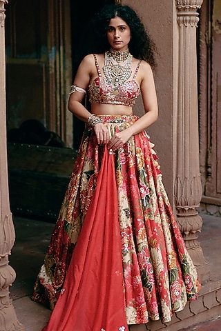 Red Chiniya Silk Printed & Embroidered Lehenga Set by Paulmi & Harsh