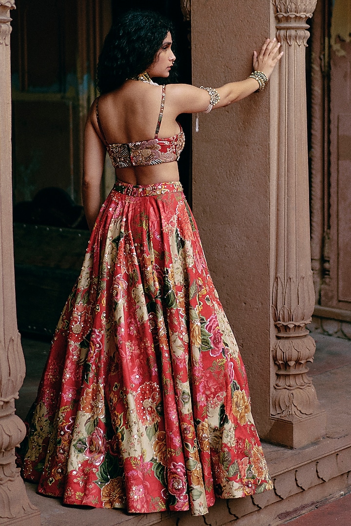 Red Chiniya Silk Printed & Embroidered Wedding Lehenga Set by Paulmi & Harsh at Pernia's Pop Up Shop