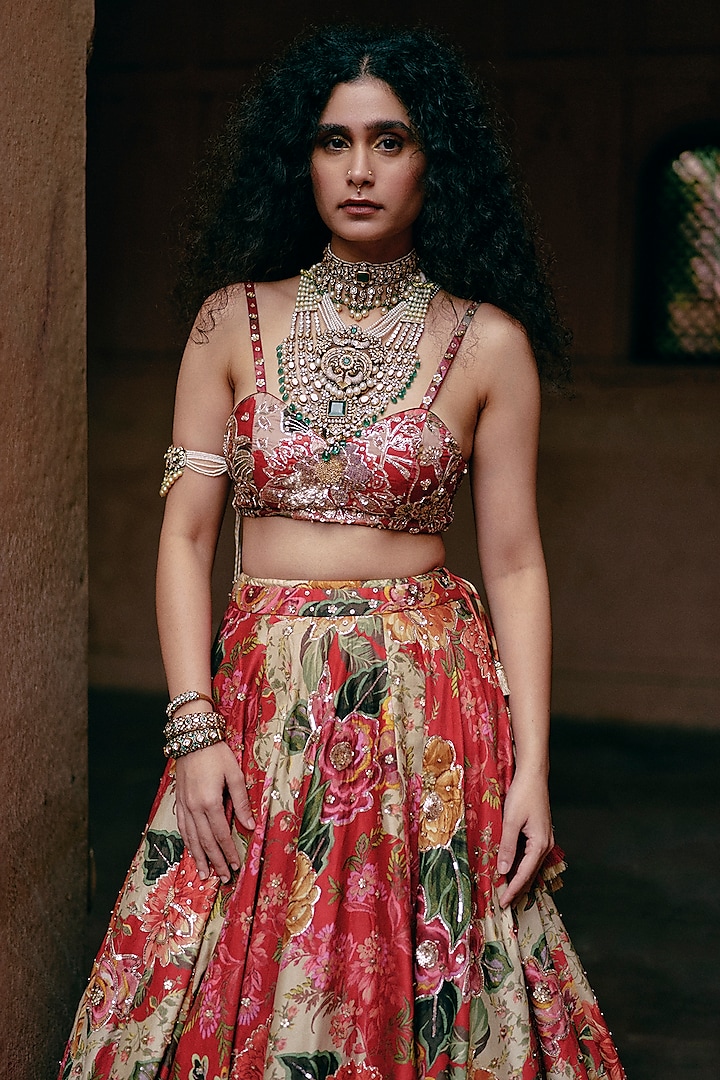 Red Chiniya Silk Printed & Embroidered Wedding Lehenga Set by Paulmi & Harsh at Pernia's Pop Up Shop