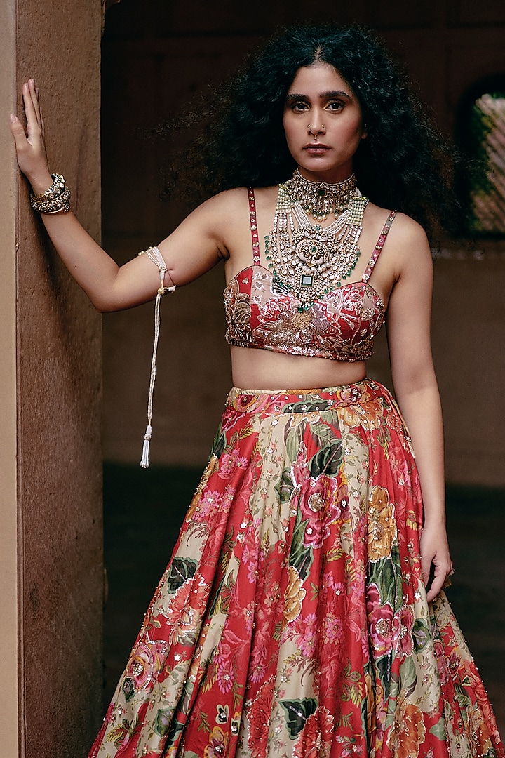 Red Chiniya Silk Printed & Embroidered Wedding Lehenga Set by Paulmi & Harsh at Pernia's Pop Up Shop