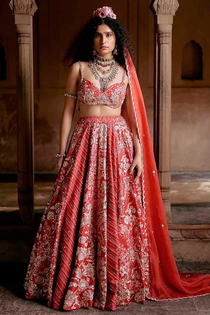 Red Chiniya Silk Leheriya & Floral Printed Wedding Lehenga Set by Paulmi & Harsh at Pernia's Pop Up Shop