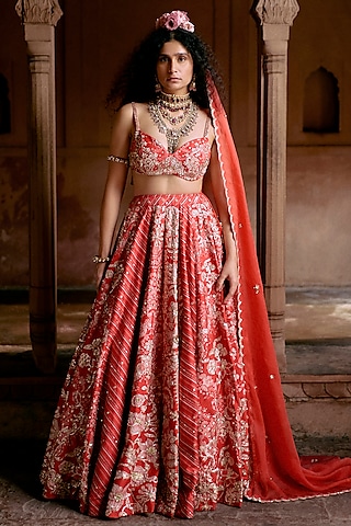 Red Chiniya Silk Leheriya & Floral Printed Lehenga Set by Paulmi & Harsh