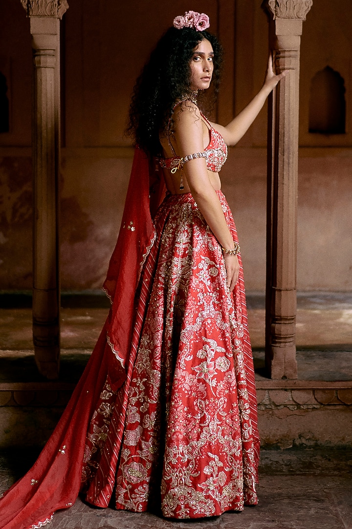 Red Chiniya Silk Leheriya & Floral Printed Wedding Lehenga Set by Paulmi & Harsh at Pernia's Pop Up Shop