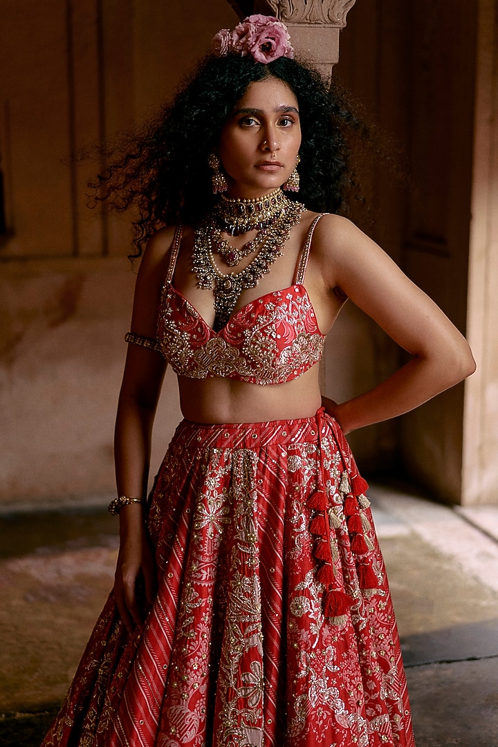 Red Chiniya Silk Leheriya & Floral Printed Wedding Lehenga Set by Paulmi & Harsh at Pernia's Pop Up Shop