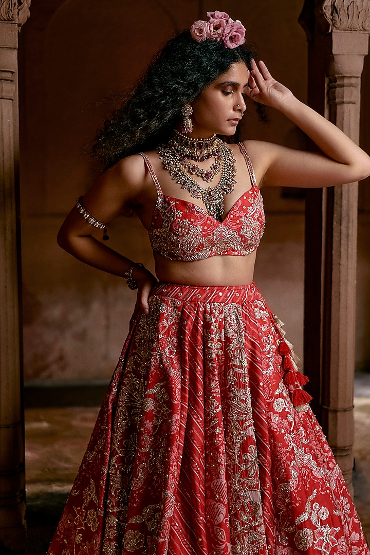 Red Chiniya Silk Leheriya & Floral Printed Wedding Lehenga Set by Paulmi & Harsh at Pernia's Pop Up Shop