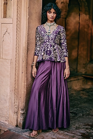 Plum Chiniya Silk Solid Palazzo Pant Set by Paulmi & Harsh
