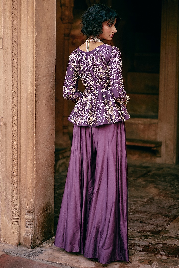 Plum Chiniya Silk Solid Palazzo Pant Set by Paulmi & Harsh at Pernia's Pop Up Shop