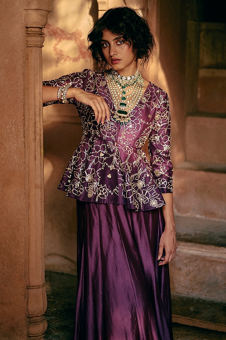 Plum Chiniya Silk Solid Palazzo Pant Set by Paulmi & Harsh at Pernia's Pop Up Shop