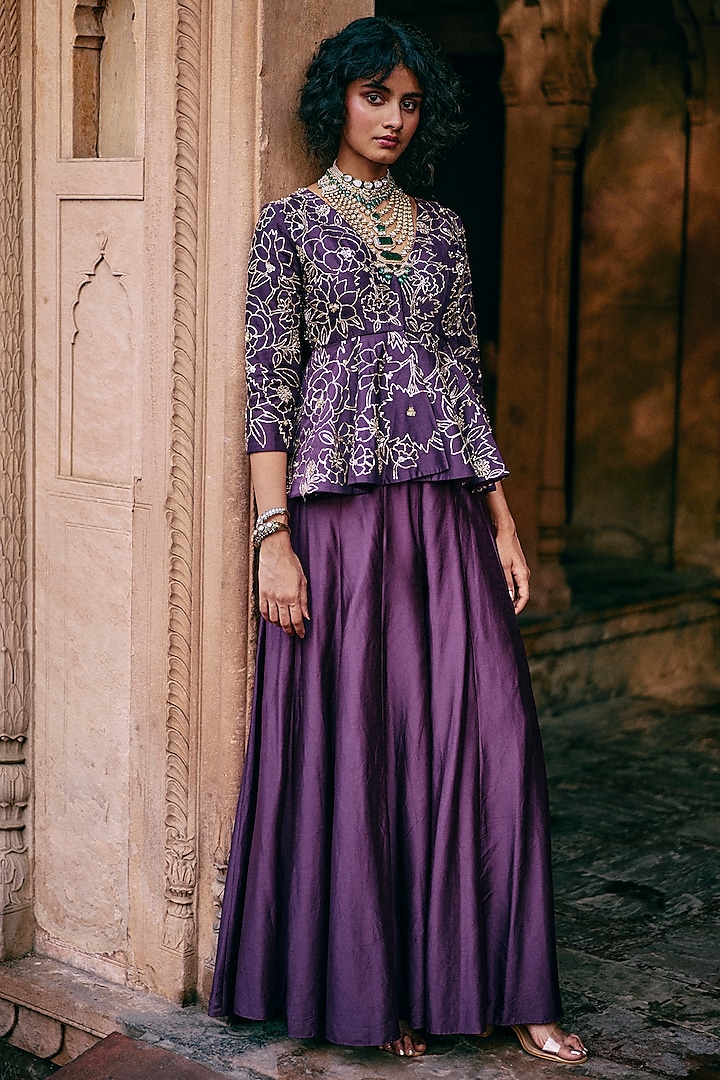 Plum Chiniya Silk Solid Palazzo Pant Set by Paulmi & Harsh at Pernia's Pop Up Shop