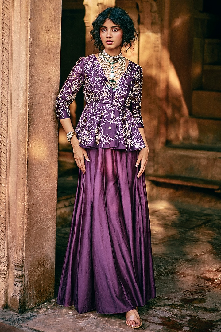 Plum Chiniya Silk Solid Palazzo Pant Set by Paulmi & Harsh at Pernia's Pop Up Shop